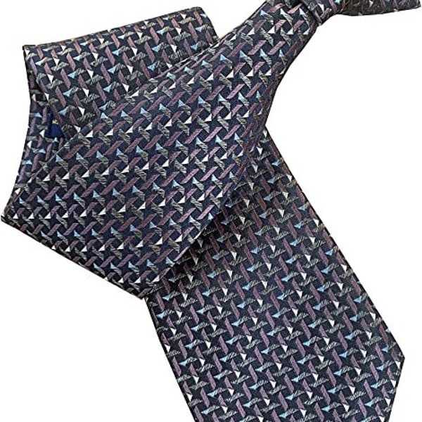 100% Silk Navy Blue, Purple & Grey Geometric Patterned Clip On Tie