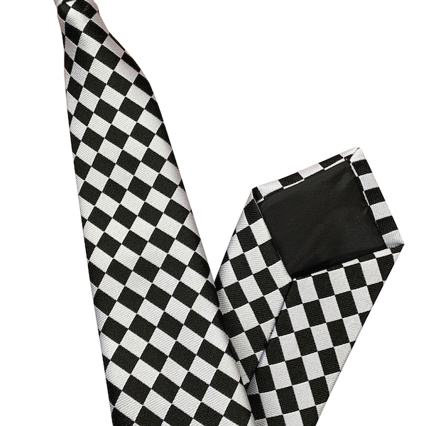 Black & White Check Checkerboard Clip On Tie