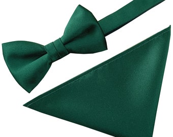 Men's Bottle Green Satin Bow Tie & Hanky Set