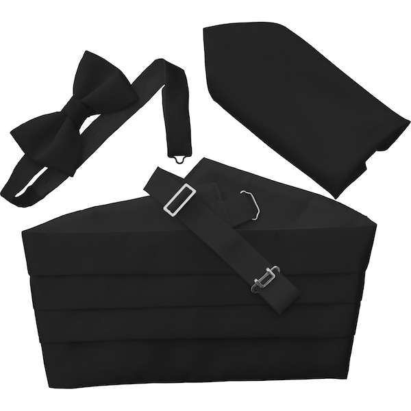 Black Satin Cummerbund Set (Includes Bow Tie & Hanky)