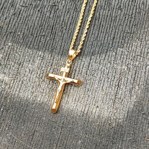14k Gelbgold Unisex Erste Kommunion Kreuz Kette Halskette - Reise Halskette, nobles christliches Kreuz, Schutzengel Kruzifix Schmuck