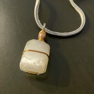 Rose Gold, Gold, wire wrapped, Selenite, tumbled crystal, 24&quot;, leather cord necklace, Third Eye Chakra, Healing Stone, angelic