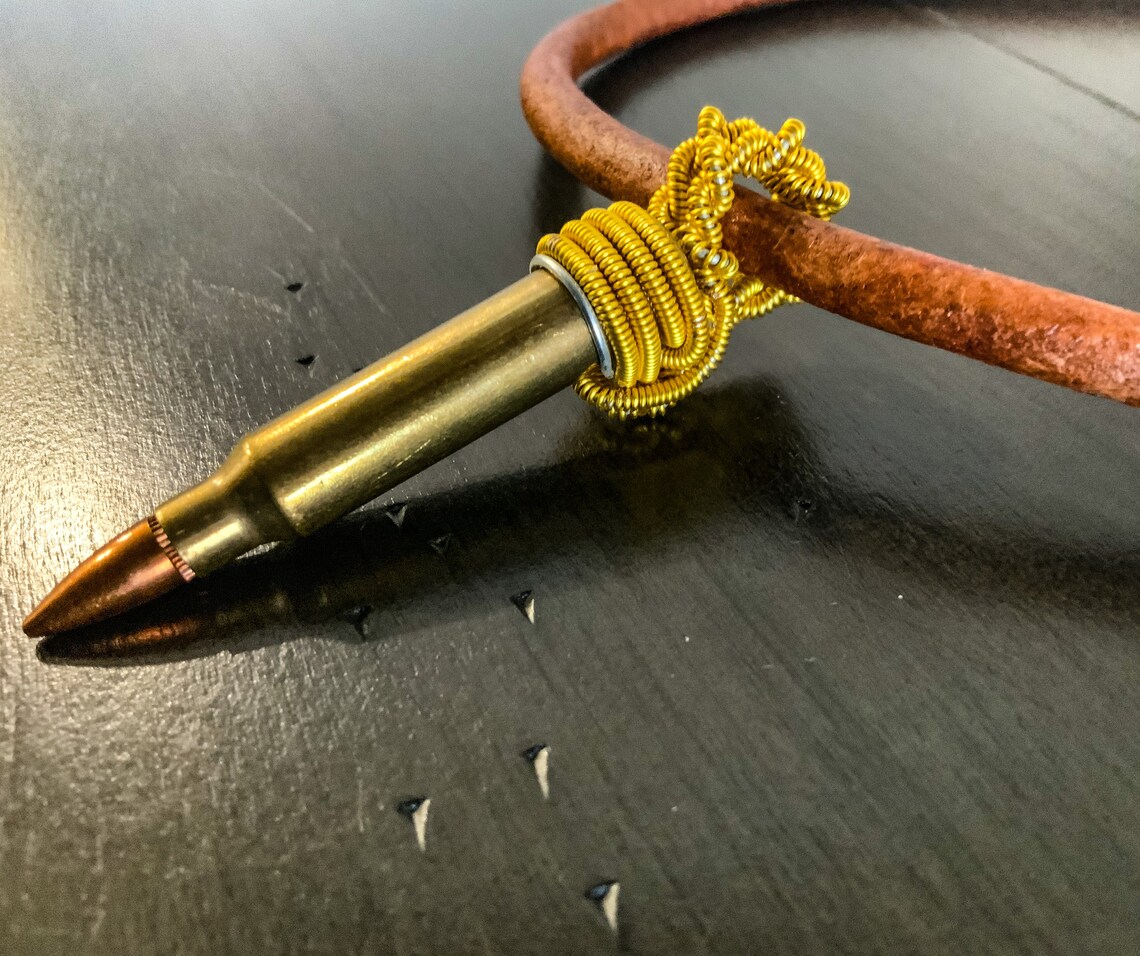 50 Caliber Bullet Wire Wrapped in Gold on Brown Leather Cord Etsy UK