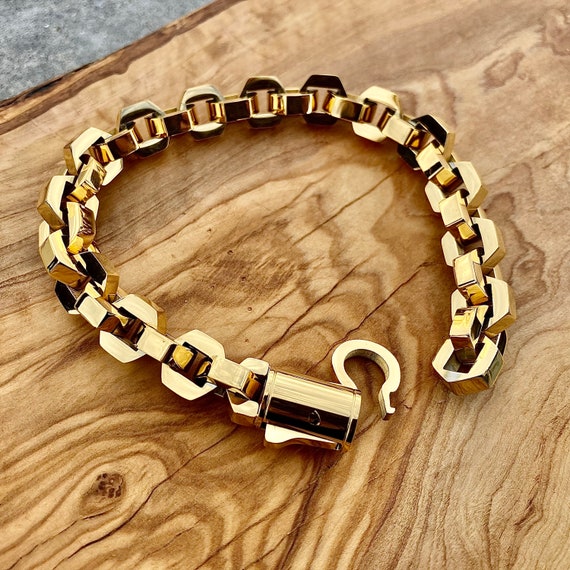 Gold Stainless Steel 7.5-8 Inch Hexagon Link Bracelet Hook Lock