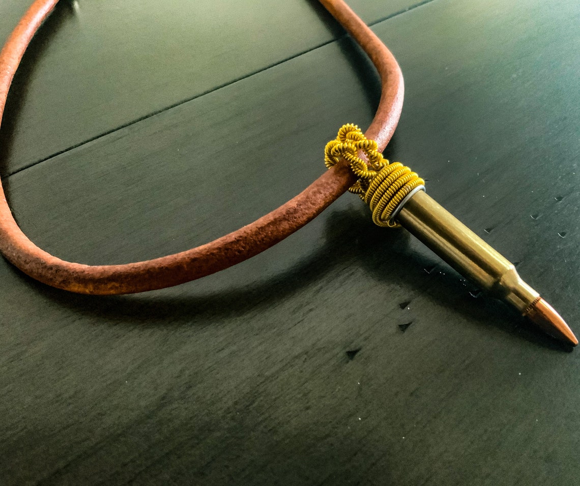 50 Caliber Bullet Wire Wrapped in Gold on Brown Leather Cord Etsy UK