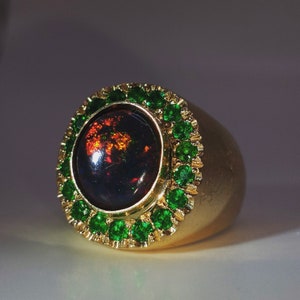23 gram 18k Gold 12mm Black Opal with 2ct Diamond set Emerald bezel ring size 9 ring Mens Statement Ring