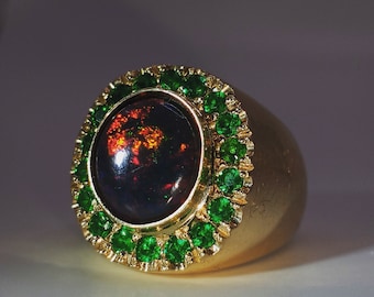 23 gram 18k Gold 12mm Black Opal with 2ct Diamond set Emerald bezel ring size 9 ring Mens Statement Ring