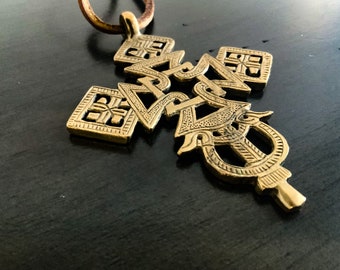 Antique Brass Cross Necklace, leather cord necklace, Religious, Ancient Cross, Statement piece