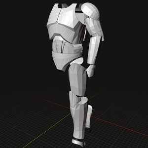 Puede incluir: Un modelo 3D blanco de una armadura futurista. La armadura está segmentada en diferentes piezas, incluyendo el pecho, los brazos, las piernas y los pies. El modelo está en posición de pie con una pierna ligeramente doblada.