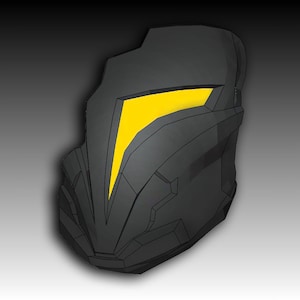May include: A black helmet with a yellow visor. The helmet has a textured surface and a geometric design.