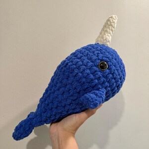 crochet narwhal plush, super soft crochet narwhal, blue narwhal stuffed animal