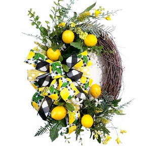 Summer Lemon grapevine wreath, black yellow white door wreath , Buffalo check with lemons, Kitchen lemon decor