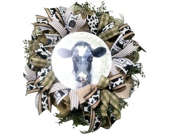 Everyday Farmhouse wreath, Cattle farm door decor, Rustic country wreath, Kitchen cow decorations, Cow collector gift, Cow wreath