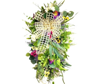 Spring floral door swag, Year round front door wreath with flowers, Elegant floral swag for wall, Wreath with bow everyday, faux floral swag