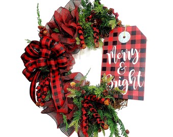 Buffalo plaid Winter front porch decor, Merry and Bright door hanger, Country Christmas mantel decorations, Farmhouse Christmas wreath