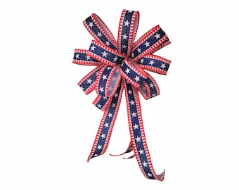 Red white and blue light post bow, patriotic mailbox bow, 4th of July outdoor decorative bow, wreath bow with stars and stripes, lantern