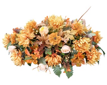 Fall headstone saddle, Autumn cemetery monument topper, tombstone basket, mum and rose cemetery flowers, fall grave decorations