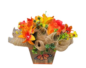 Monarch butterfly arrangement for home, Butterfly gift for Mom, Small tabletop faux floral centerpiece, get well soon butterfly gift