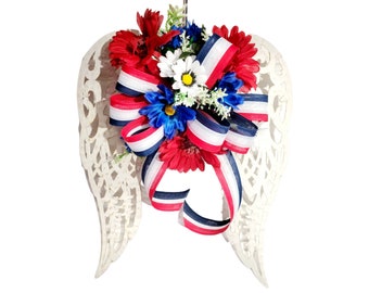 Angel wing wreath, Floral military funeral arrangement, veteran cemetery wreath, Summer patriotic door hanger, Memorial day porch decor