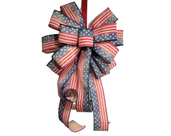 Primitive patriotic light post bow,  Memorial day mailbox bow, 4th of July bow, Summer gate bow, red white and blue decorative bow, big bow