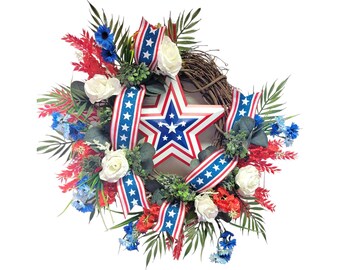 Large summer Patriotic wreath for front door, fireworks front porch decor, 4th of July door wreath, Independence day grapevine wreath