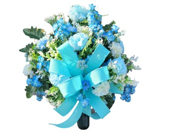 Blue carnation vase flowers, spring baby boy grave vase, floral arrangement, Memorial gravesite flowers, Dads grave , brother grave flowers