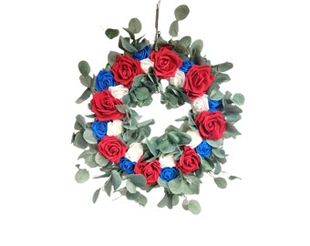 Patriotic rose wreath for front door, indoor wreath for summer, thin screen door wreath, Eucalyptus wreath with roses, teacher gift