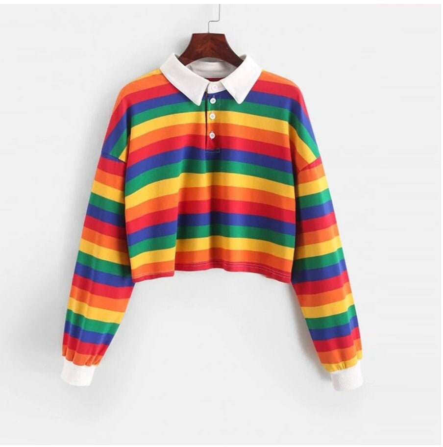 Cute Kawaii Polo Womens Shirt Longsleeve Rainbow Color Ladies Etsy