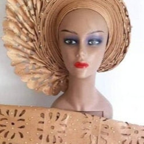 Auto Gele, Pre-Tied Gele, Gold Headwrap, Gold Auto Gele, African shops Fabric, African Turban, African Headwrap, Onesided Fan Aso Oke, Headband