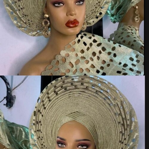 Auto Gele, Asos, Laser Cut, Pre-Tied Gele, Gold Auto Gele, African Aso Oke Fabric, African Turban, African shops Headwrap, Gold Aso Oke, Headband