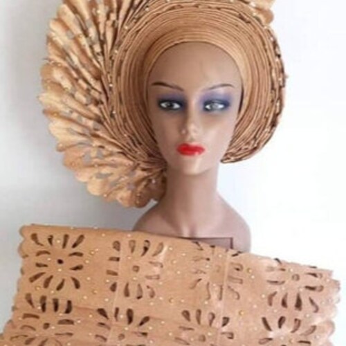 Auto Gele, Pre-Tied Gele, Gold Headwrap, Gold Auto Gele, African shops Fabric, African Turban, African Headwrap, Onesided Fan Aso Oke, Headband