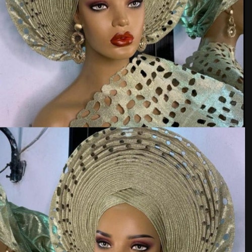 Auto Gele, Asos, Laser Cut, Pre-Tied Gele, Gold Auto Gele, African Aso Oke Fabric, African Turban, African shops Headwrap, Gold Aso Oke, Headband