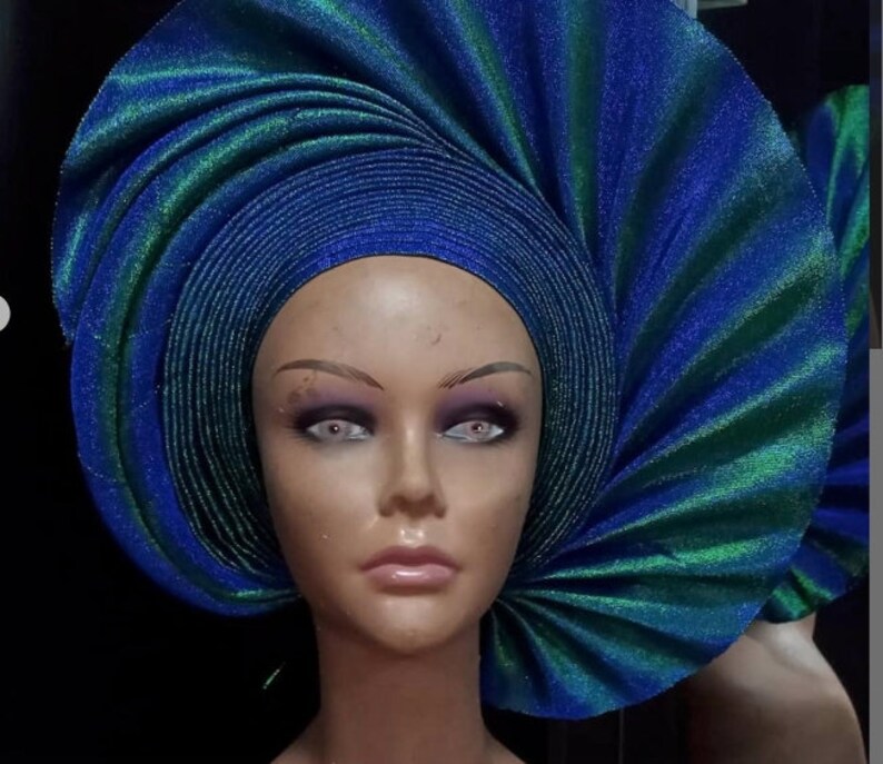 Auto Gele, Pre-Tied Gele, Two-Tone Green Blue Headwrap, Auto Gele, African Fabric, African Turban, African Headwrap, Green Aso Oke, Headband image 6
