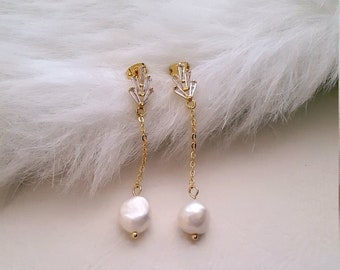 Drop pearl earrings. Long chain and baroque pearl earrings. Art deco ear posts. Cubic zirconia posts and gold filled chain. Bridal earrings.