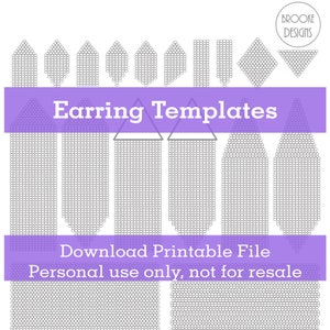 May include: Printable earring templates in various shapes, including triangles, squares, and rectangles. The templates are made up of small circles, resembling beads. The text "Earring Templates" is displayed in a purple banner.