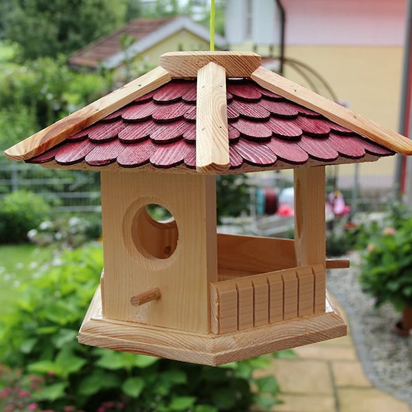 Vogelhaus-6-Eck Rot-(V73)-Vogelhäuser Vogelfutterhaus Vogelhäuschen-aus Holz Schreinerarbeit-