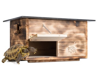 Maison pour tortues brûlée (SH1) en bois massif résistant aux intempéries de 20 mm d'épaisseur avec sol et porte incl. enclos pour tortues à ventilation réglable