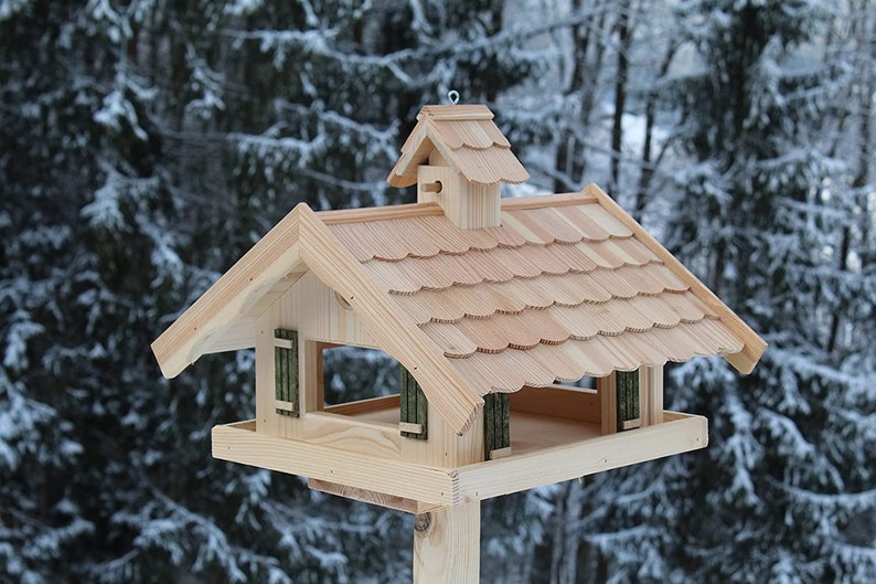 Vogelhaus mit Lärchenholzdach V87Ständer Holzschindeln Vogelhäuser Vogelfutterhaus Vogelhäuschen Bild 1