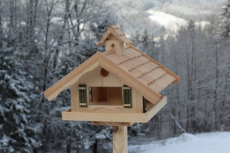 Vogelhaus mit Lärchenholzdach V87Ständer Holzschindeln Vogelhäuser Vogelfutterhaus Vogelhäuschen Bild 2