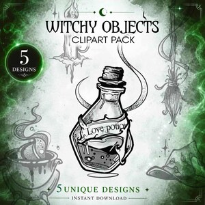 Peut inclure: Un pack de cliparts numériques avec cinq motifs sur le thème de la sorcellerie. L'image comprend une bouteille de potion étiquetée "Love potion", un chaudron, un balai, une bougie et un chapeau de sorcière. Le texte indique "Witchy Objects Clipart Pack" et "5 Unique Designs".