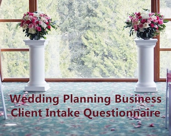 May include: A wedding ceremony setting with two white pedestals, each topped with a floral arrangement of pink and white flowers. A large window with a view of trees is in the background, with text reading "Wedding Planning Business Client Intake Questionnaire."