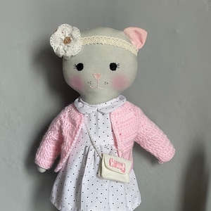 Cat doll / Kitten doll with pink scarf / Soft stuffed animal / Cloth doll kitty / Organic toy /Baby gift / Rag doll / Doll and daydreams