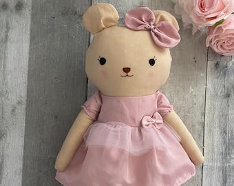 Handmade teddy bear doll, Organic linen fabric stuffed animal, Heirloom Stuffed Animal Toy, Organic cotton Girl Gift, handmade gift for girl