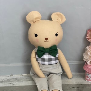 Handmade teddy bear doll, Organic linen fabric stuffed animal, Heirloom Stuffed Animal Toy, Organic cotton Girl Gift, handmade gift for girl