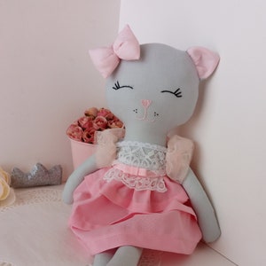 Cat doll / Kitten doll with pink scarf / Soft stuffed animal / Cloth doll kitty / Organic toy /Baby gift / Rag doll / Doll and daydreams