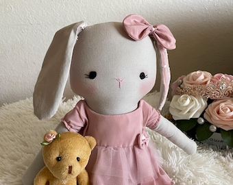 Handmade Linen Rabbit Doll, Pink Tulle Dress, Baby Gift