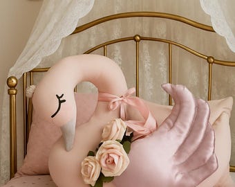 Handmade Swan Pillow, Pink Nursery Decor, Kids Room Cushion
