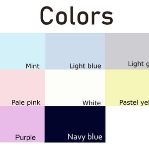 May include: A color chart with nine different colors: mint, light blue, light grey, pale pink, white, pastel yellow, purple, and navy blue.