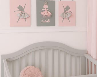 Handmade Ballerina Nursery Art, Girl Room Decor, Set of 3