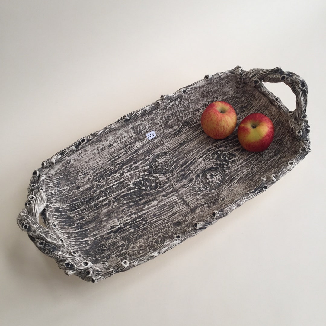 Wood Textured Large Rectangular Bowl With Handles Etsy